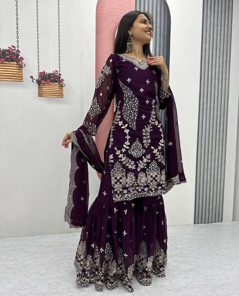 Wine embroidered fox georgette fully stitched sharara set with thread-sequence work,stylish top & sharara bottom