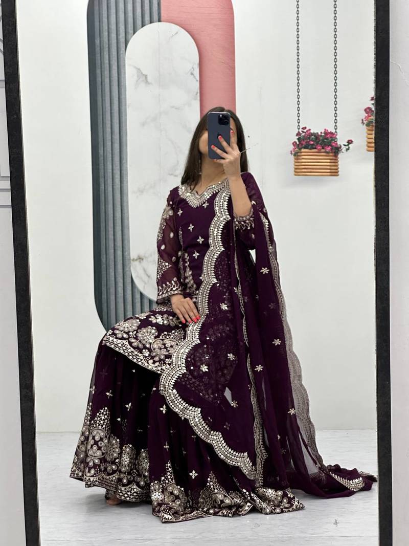 Wine embroidered fox georgette fully stitched sharara set with thread-sequence work,stylish top & sharara bottom
