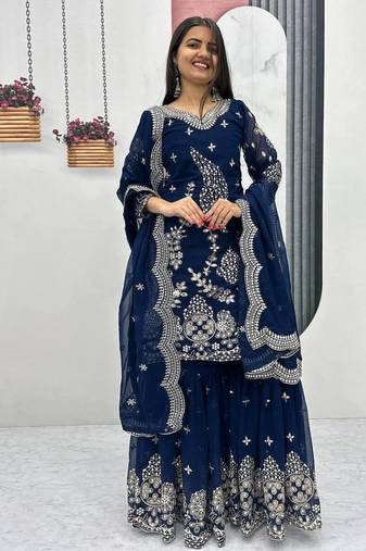 Blue embroidered fox georgette fully stitched sharara set with thread-sequence work, stylish top & sharara bottom