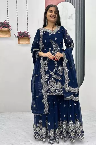 Blue embroidered fox georgette fully stitched sharara set with thread-sequence work, stylish top & sharara bottom