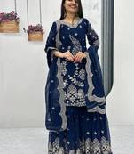 Blue embroidered fox georgette fully stitched sharara set with thread-sequence work, stylish top & sharara bottom