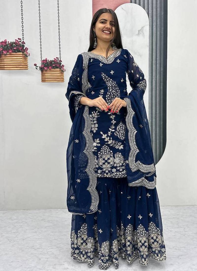 Blue embroidered fox georgette fully stitched sharara set with thread-sequence work, stylish top & sharara bottom