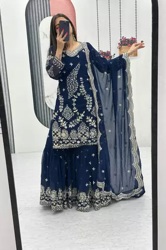 Blue embroidered fox georgette fully stitched sharara set with thread-sequence work, stylish top & sharara bottom