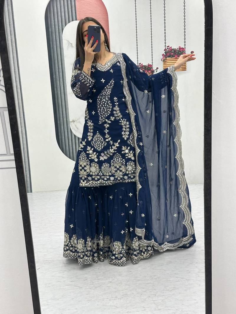 Blue embroidered fox georgette fully stitched sharara set with thread-sequence work, stylish top & sharara bottom
