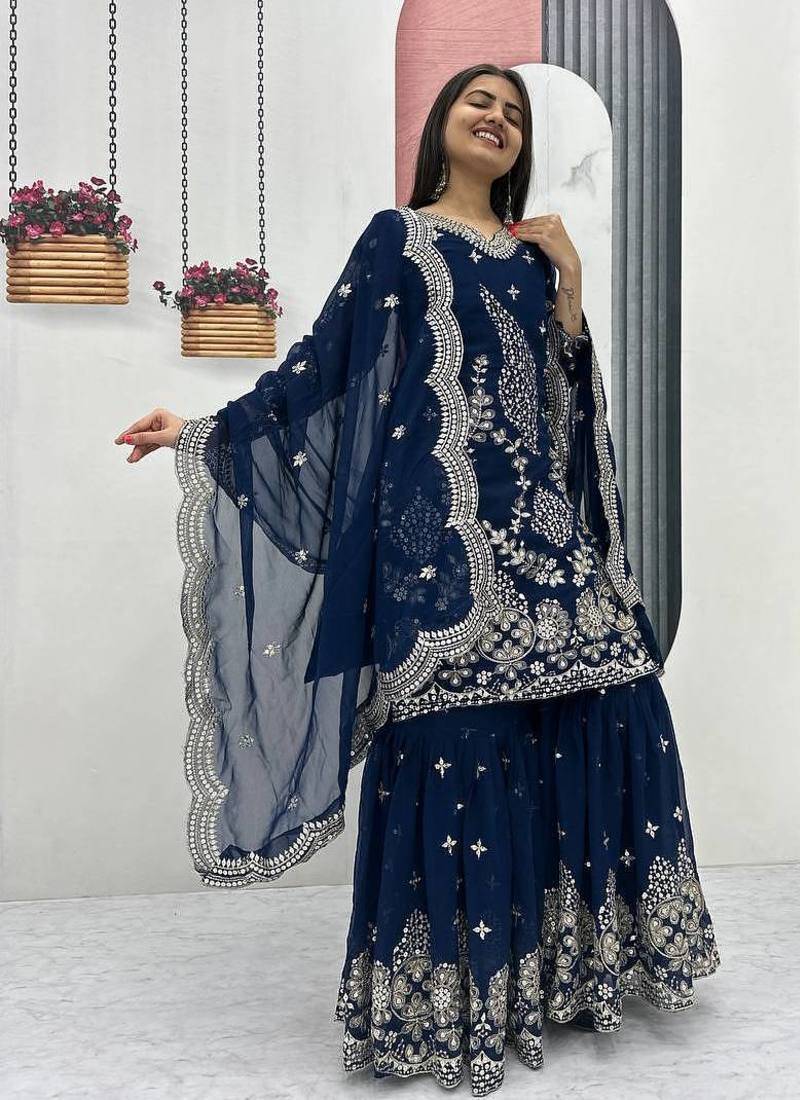 Blue embroidered fox georgette fully stitched sharara set with thread-sequence work, stylish top & sharara bottom