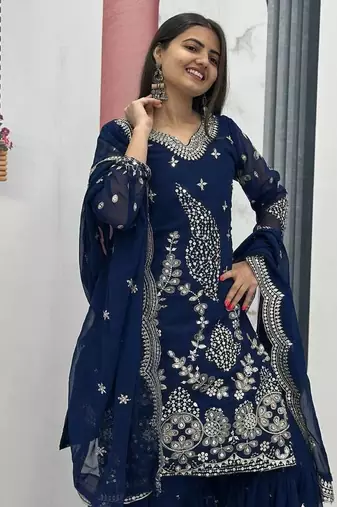 Blue embroidered fox georgette fully stitched sharara set with thread-sequence work, stylish top & sharara bottom