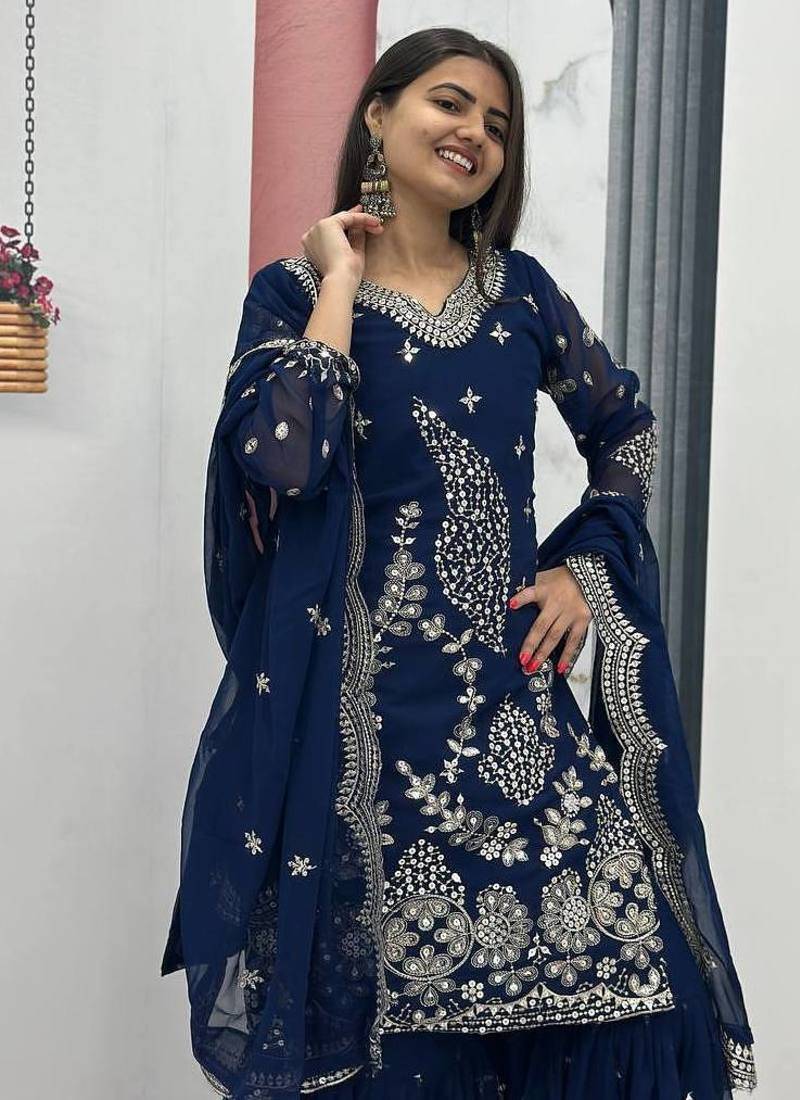 Blue embroidered fox georgette fully stitched sharara set with thread-sequence work, stylish top & sharara bottom