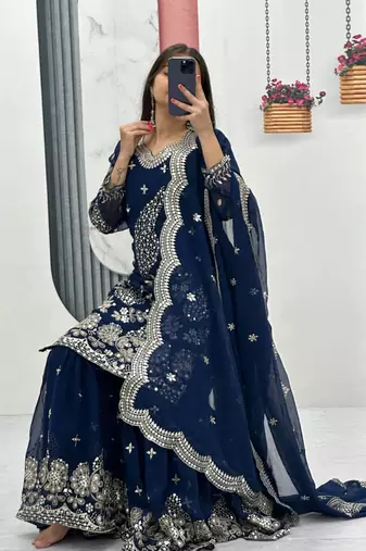 Blue embroidered fox georgette fully stitched sharara set with thread-sequence work, stylish top & sharara bottom