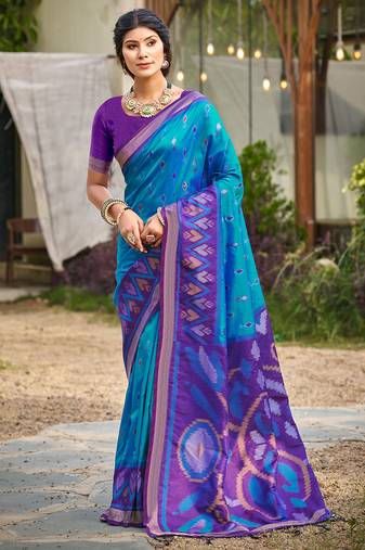 blue printed pochampalli soft silk blend saree with blouse  casual saree