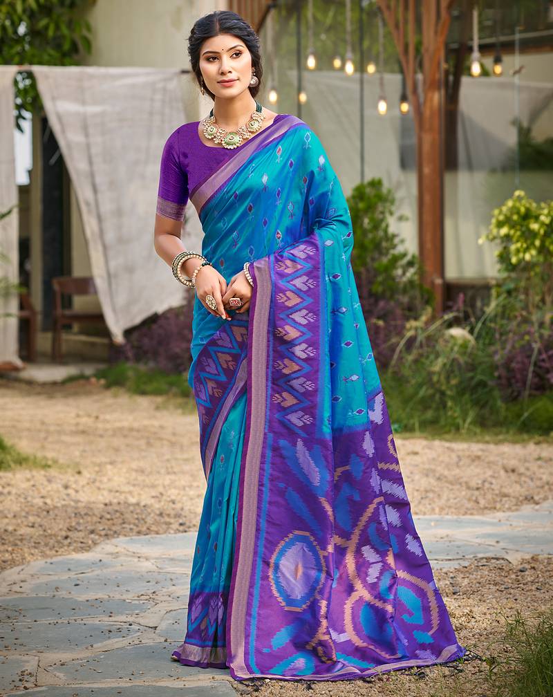blue printed pochampalli soft silk blend saree with blouse  casual saree