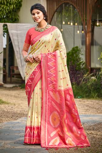 cream printed pochampalli soft silk blend saree with blouse  casual saree