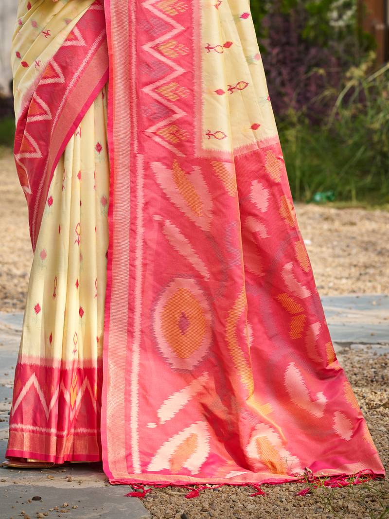 cream printed pochampalli soft silk blend saree with blouse  casual saree