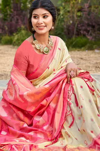 cream printed pochampalli soft silk blend saree with blouse  casual saree