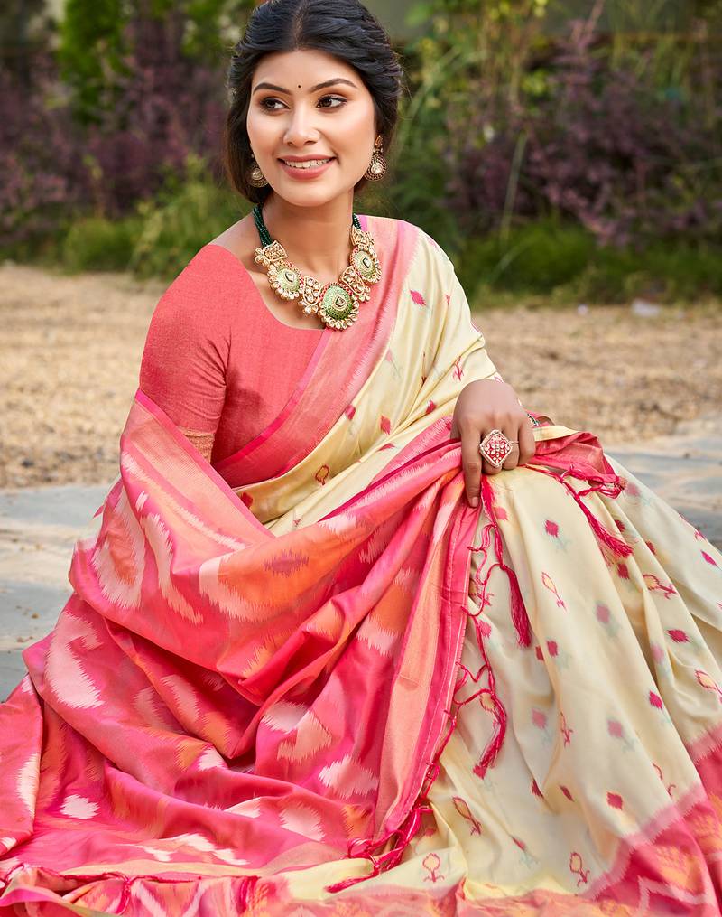 cream printed pochampalli soft silk blend saree with blouse  casual saree