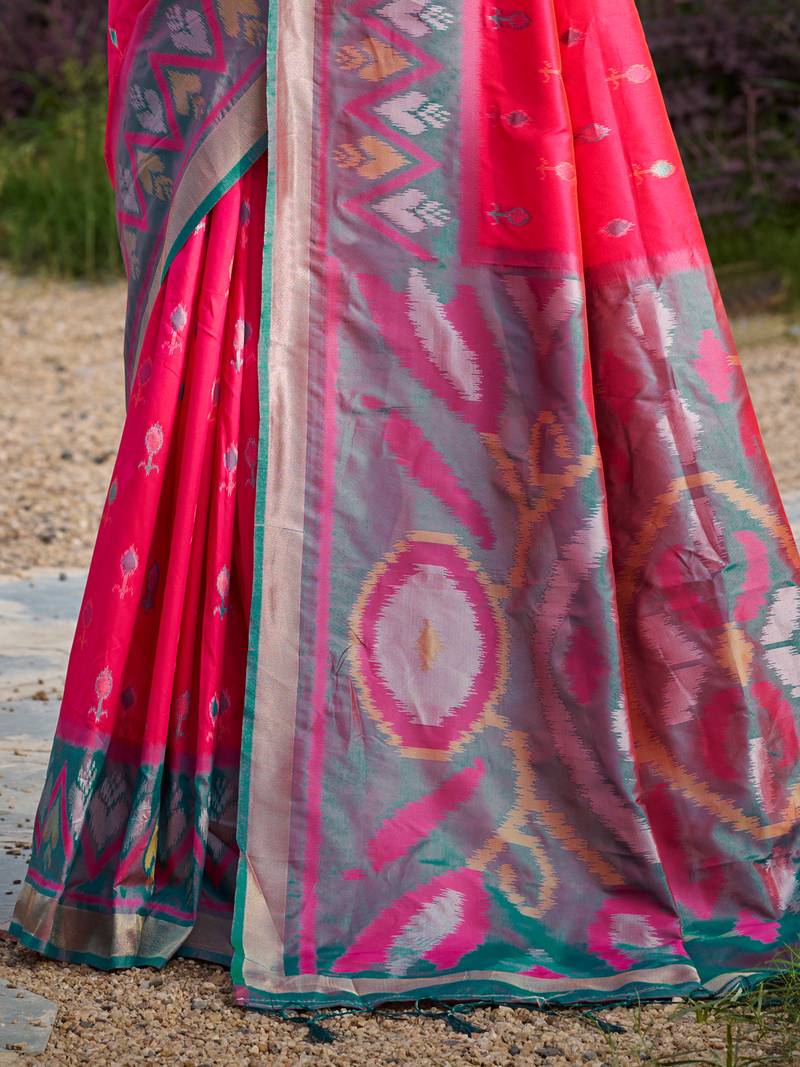 pink printed pochampalli soft silk blend saree with blouse  casual saree