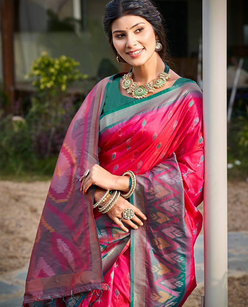 pink printed pochampalli soft silk blend saree with blouse  casual saree