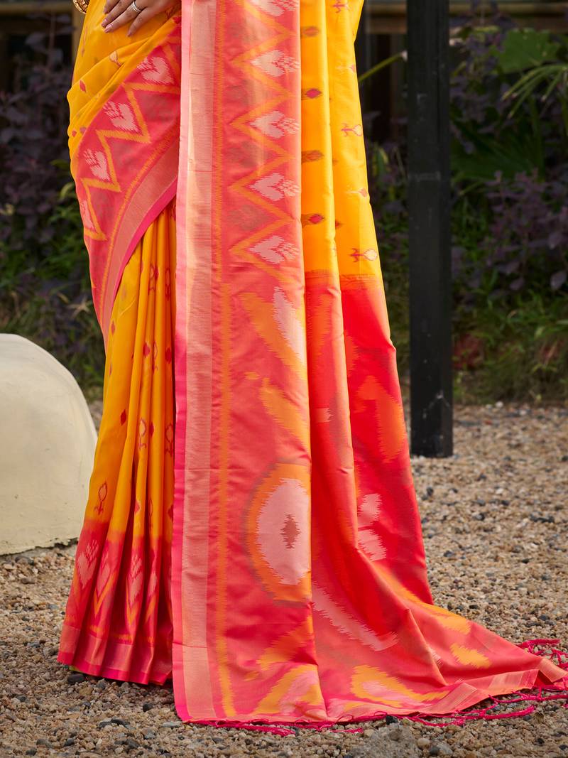 yellow printed pochampalli soft silk blend saree with blouse  casual saree