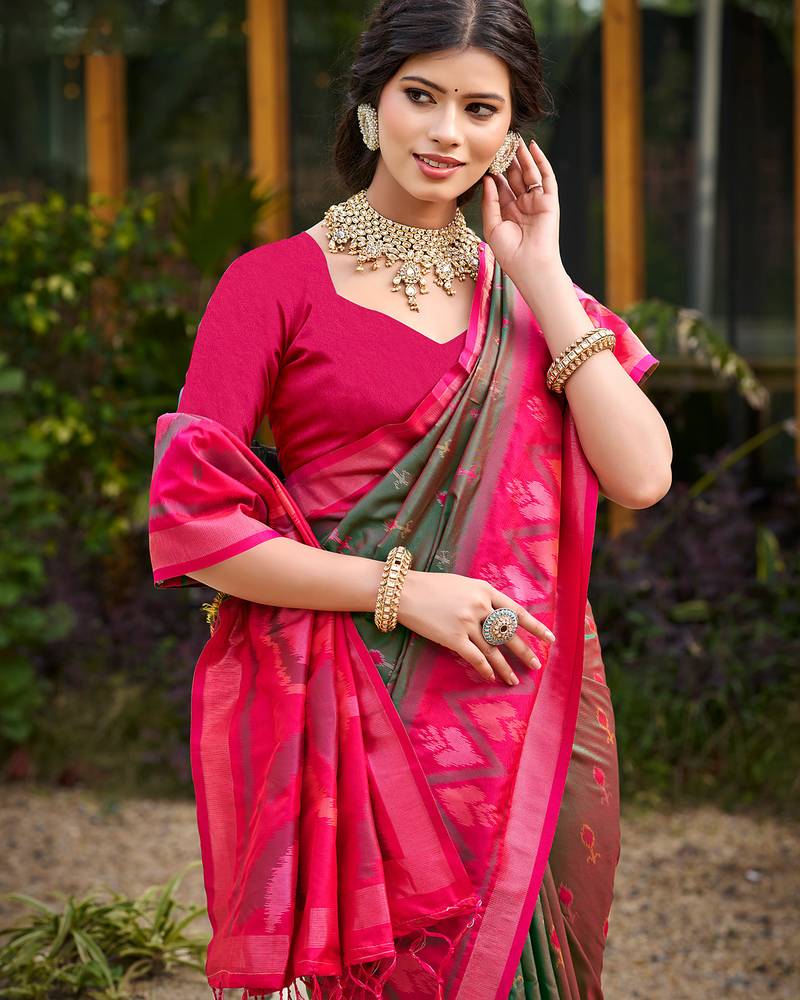 green printed pochampalli soft silk blend casual saree with blouse