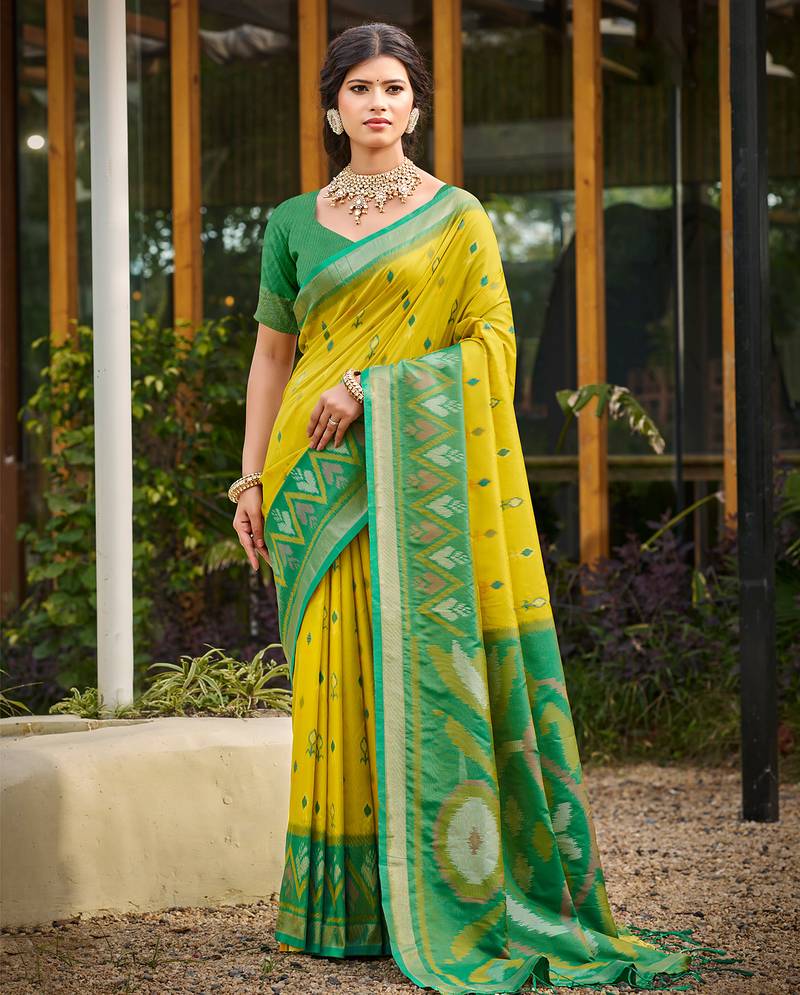 ligth yellow printed pochampalli soft silk blend casual saree with blouse