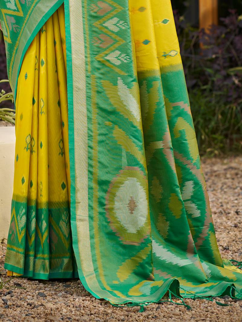 ligth yellow printed pochampalli soft silk blend casual saree with blouse