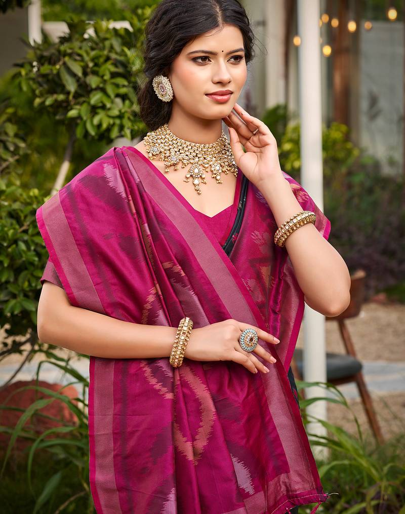 black printed pochampalli soft silk blend saree with blouse  casual saree