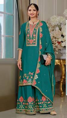 Peacock blue chinon silk Embroidered Salwar suit-Full Stitched Free size 1