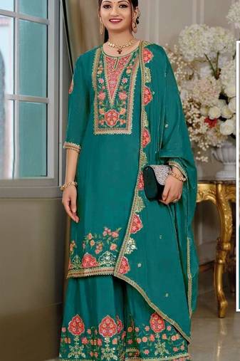 Peacock blue chinon silk semi stitched wedding suits