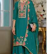 Peacock blue chinon silk Embroidered Salwar suit-Full Stitched Free size