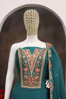 Peacock blue chinon silk Embroidered Salwar suit-Full Stitched Free size 2