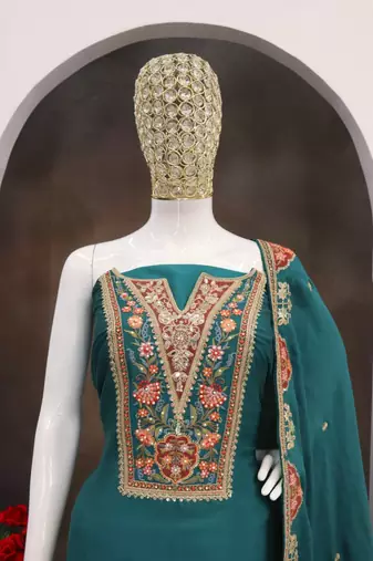 Peacock blue chinon silk Embroidered Salwar suit-Full Stitched Free size