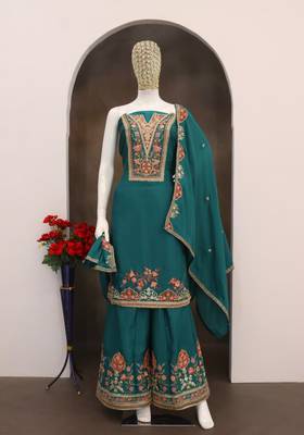 Peacock blue chinon silk Embroidered Salwar suit-Full Stitched Free size 3