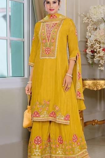 yellow chinon silk semi stitched wedding suits