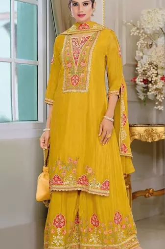 yellow chinon silk semi stitched wedding suits