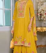 yellow chinon silk Embroidered Salwar suit-Full Stitched Free size
