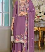Purple chinon silk semi stitched wedding suits