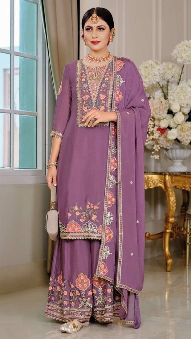 Purple chinon silk semi stitched wedding suits