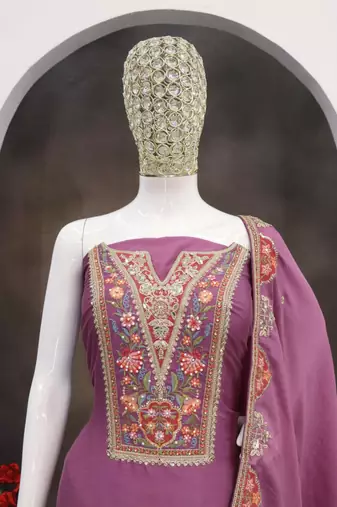 Purple chinon silk Embroidered Salwar suit