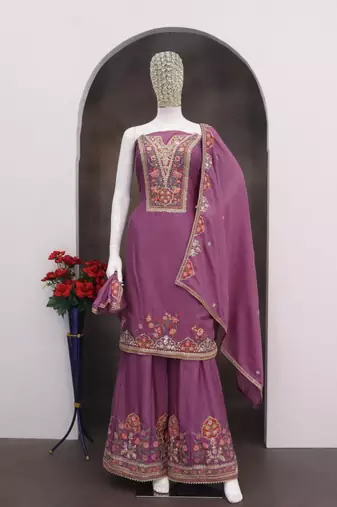 Purple chinon silk Embroidered Salwar suit