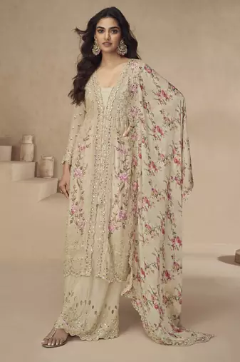 Cream chinon readymade suit with embroidery sequence work - full stitched free size