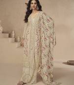 Cream chinon readymade suit with embroidery sequin work - full stitched free size