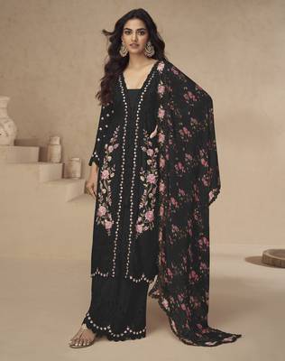 Black chinon readymade suit with embroidery sequin - full stitched free size 1
