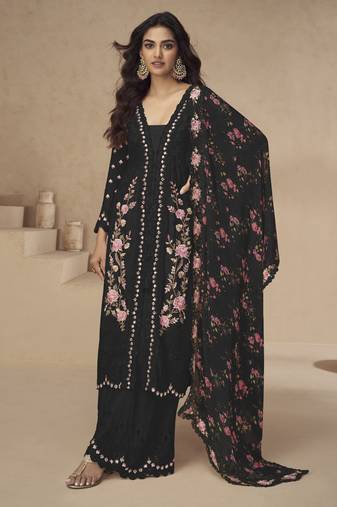 Black chinon readymade suit with embroidery sequence work - full stitched free size