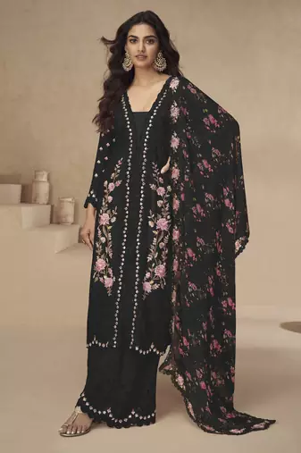 Black chinon readymade suit with embroidery sequence work - full stitched free size