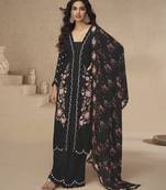 Black chinon readymade suit with embroidery sequence work - full stitched free size
