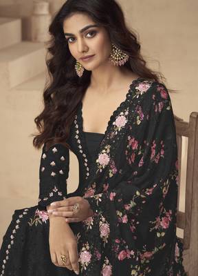 Black chinon readymade suit with embroidery sequin - full stitched free size 2