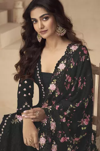 Black chinon readymade suit with embroidery sequin - full stitched free size