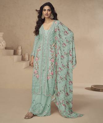 Sea-green chinon readymade suit with embroidery sequin - full stitched free size 1