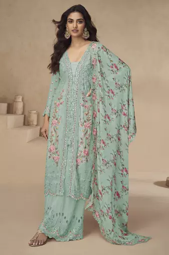 Sea-green chinon readymade suit with embroidery sequence work - full stitched free size