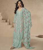 Sea-green chinon readymade suit with embroidery sequence work - full stitched free size