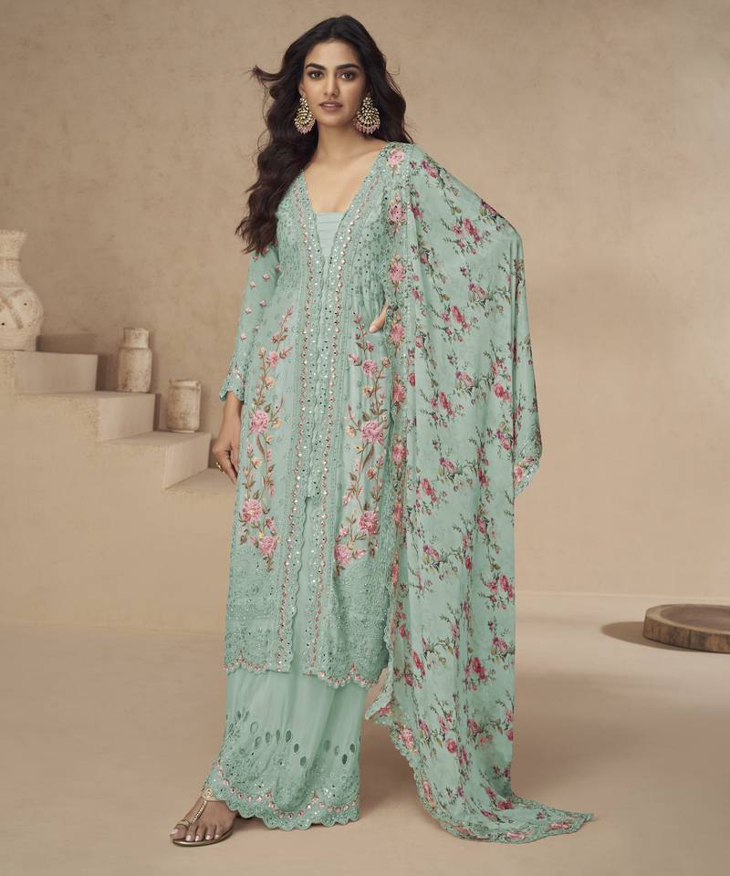 Sea-green chinon readymade suit with embroidery sequence work - full stitched free size